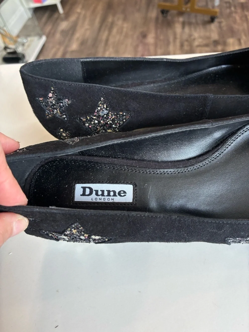 Dune London Black Star-Embellished Suede Pointed Toe Flats